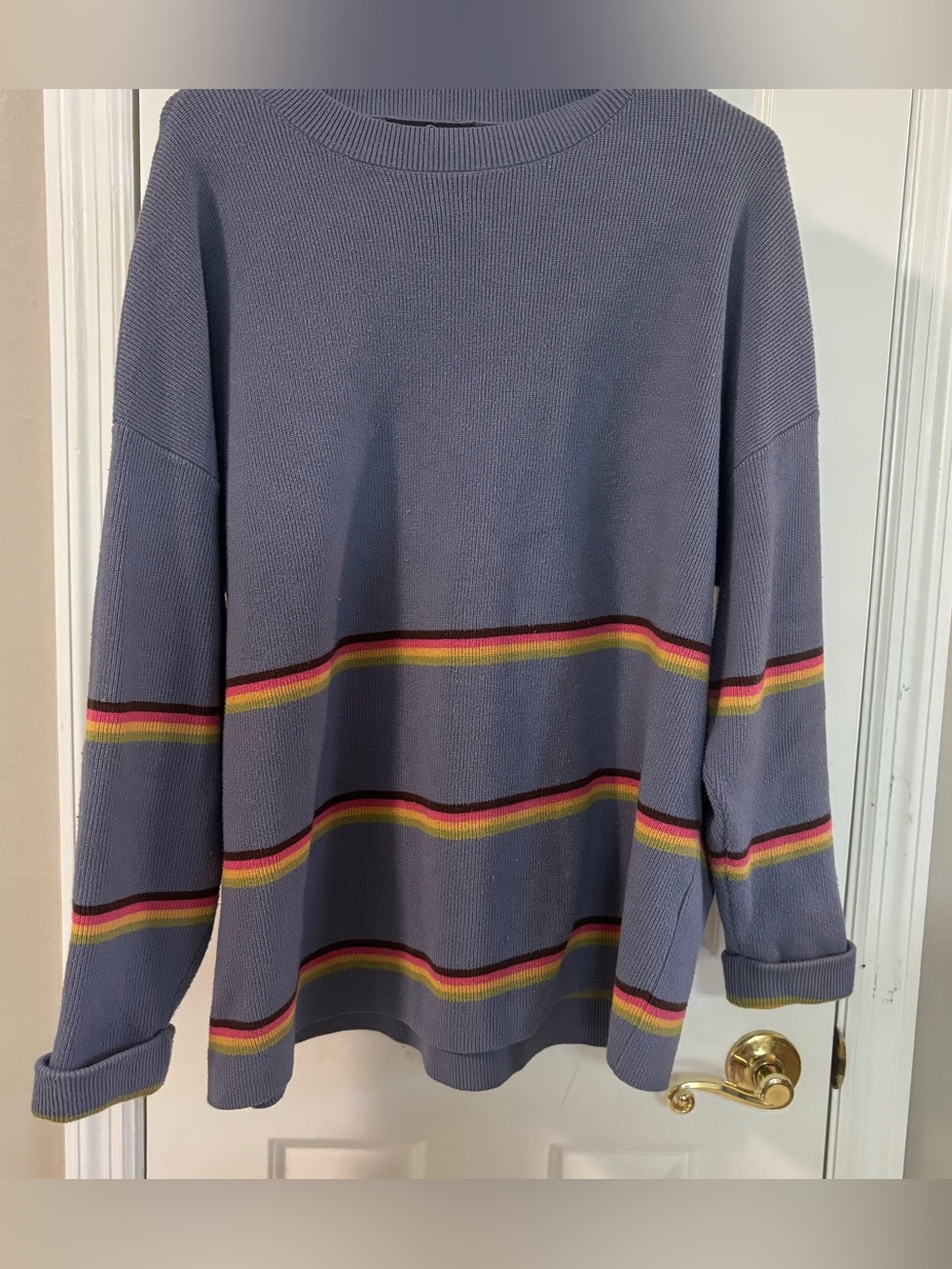 Crewneck Sweater in Slate Blue with Rainbow Stripes